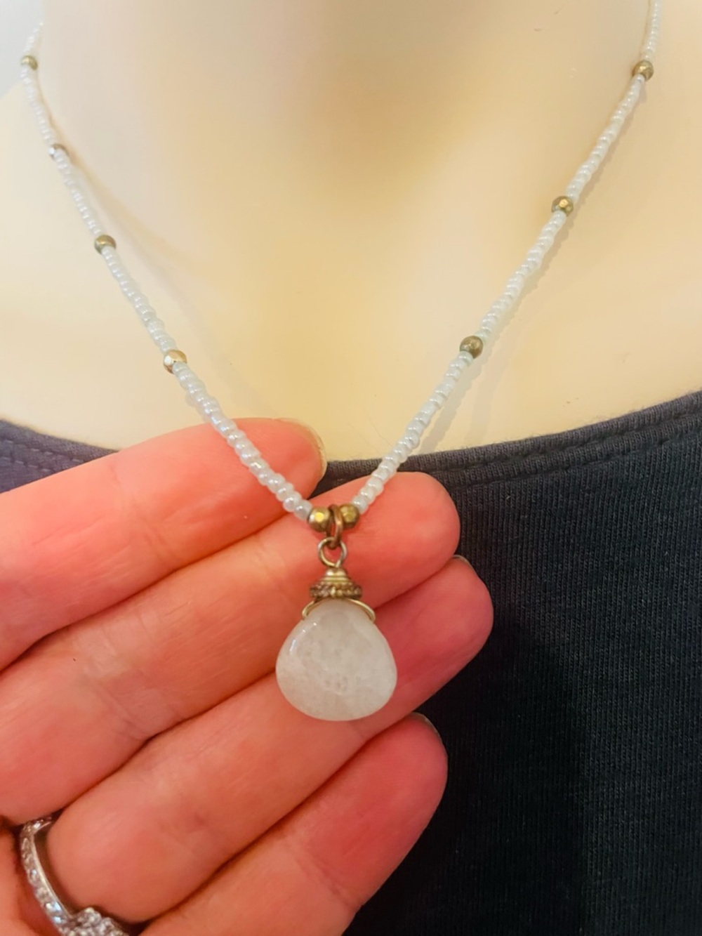 Beaded Light Gray Necklace with Stone Pendant